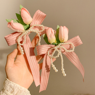 粉色郁金香花朵珍珠蝴蝶结发夹，女夏侧边夹高级感发卡夹子头饰发饰