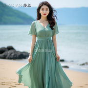 纯色雪纺连衣裙短袖浅绿色收腰显瘦长裙大摆海边度假沙滩裙