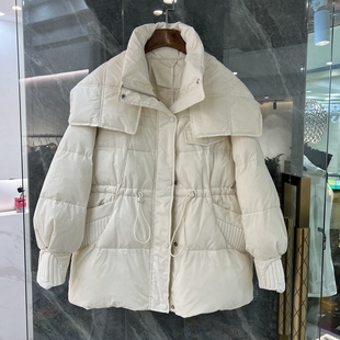 2023冬装流行时尚白鸭绒(白鸭绒，)羽绒服外套，立领披肩抽绳显瘦毛线袖口