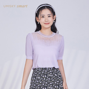 umisky优美世界女装夏季短袖网纱针织衫套头上衣VI2W2036