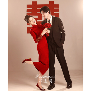 新中式旗袍敬酒服2024新娘酒红色刺绣长袖正肩冬季订婚礼服裙