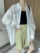 天丝白色防晒衬衫女夏季外搭宽松薄款微透空调开衫法式中长款外套