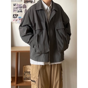 B东日系男装复古日潮大口袋纯色工装短款夹克长袖中性叠穿外套男