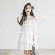 韩版童装春秋夏季款短袖女童蕾丝连衣裙长袖中大童裙子白色公主裙