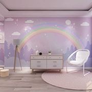卡通儿童房温馨墙纸紫色云朵，彩虹壁纸女孩卧室公主房背景墙布壁画