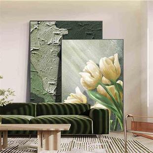 肌理画客厅挂画手绘油画郁金香花卉风景，绿北欧轻奢玄关装饰画大竖