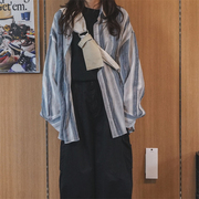 mrdong韩国男女款轻薄亚麻，混纺设计师竖条纹，防晒阔版长袖衬衫