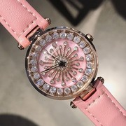 蒂米妮士手表会表皮皮带镶钻粉红色女款时尚圆形石英真皮国产腕表