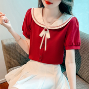 法式甜美娃娃领短袖雪纺衬衫，女夏季设计感洋气小衫蝴蝶结红色上衣