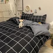 北欧简约黑色耐脏格子水洗棉，床上用品四件套男1.5m1.8米被套床单4