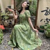 大码女装法式磨毛碎花绿色蝴蝶，连衣裙设计高级感气质收腰显瘦长裙