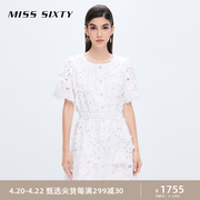 Miss Sixty麻棉牛仔白色连衣裙女重工镂空绣花流苏系带显瘦A字裙