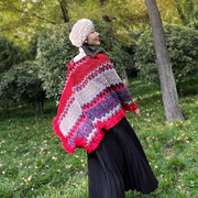 民族风套头披肩两用斗篷毛衣，秋冬保暖围巾西藏云南旅行加厚披风女