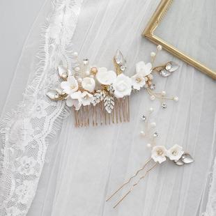 2021优雅陶瓷花朵天然珍珠发梳簪子新娘发插摄影造型欧式头饰