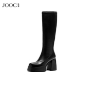 jooc玖诗防水台秋冬长靴，女经典弹力靴方头，粗高跟高筒靴时装靴