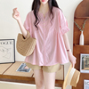 粉色衬衫上衣女夏款2023年通勤韩版v领套头，纯色短袖娃娃衫