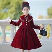 女童连衣裙秋冬小女孩洋气公主裙，时髦中大童儿童，红色丝绒裙子冬季