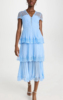 2023蓝色蕾丝网纱，绣花透视褶皱拼接层叠，v领短袖连衣裙