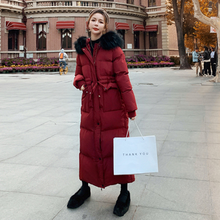 香港潮牌流行宽松中长版羽绒棉服，女2023冬女装红色大毛领外套