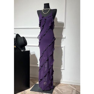 夏季紫色吊带连衣裙高端精致荷叶，边阔太太气质名媛长裙子礼服