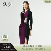 sussi古色冬季紫色丝绒，v型立领开叉，旗袍连衣裙18av4061671