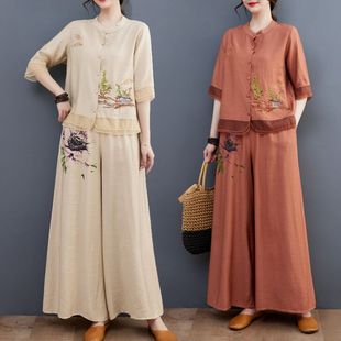 民族风套装女苎麻上衣裤，夏季棉麻开衫，中式亚麻刺绣妈妈宽松两件套