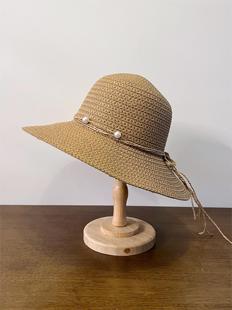 夏季草编遮阳草帽女渔夫帽，日系小清新串珠，防晒太阳帽海边度假沙滩