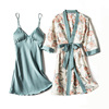 春夏女性感真丝睡衣，两件套吊带长袖睡袍，薄款丝绸印花家居服带胸垫