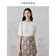vgrass气质白色，100桑蚕丝上衣夏季休闲短袖t恤女vsx1o21180
