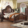 美式实木真皮床双人床1.8米主卧雕花，欧式床柱子，床婚床复古皮艺床