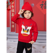 红色毛衣男童儿童拜年服加绒加厚新年装宝宝高领过年喜庆线衣冬季