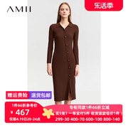 Amii新中式连衣裙女2023秋季修身显瘦针织裙斜门襟羊毛衬衫裙
