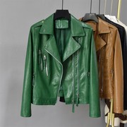 韩国时尚洋气短款绿色，皮衣女春秋长袖西装，领收腰真皮夹克外套