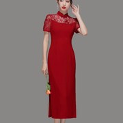 优雅名媛中国风喜气红色，旗袍连衣裙立领短袖，蕾丝拼接长款一步裙女