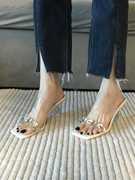 不累脚拖鞋女夏外穿2023年一字带白色粗跟水钻透明高跟鞋