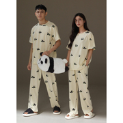 夏天睡衣情侣装一男一女，纯棉圆领短袖长裤可爱卡通，熊猫家居服套装