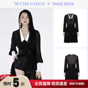CHENSHOP设计师品牌THUG ROSE黑色假两件小翻领连衣裙2022春夏新