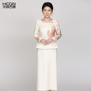 中国风印花精致优雅修身显瘦复古女士职业，秋季气质长袖两件套装