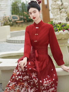 配马面裙的衬衣新中式国风红色衬衫女春季汉服立领对襟敬酒服上衣