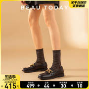 BeauToday平底黑色乐福鞋女BT法式厚底单鞋夏季英伦风小皮鞋