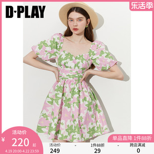 dplay夏季少女短裙海边度假薄荷曼绿连衣裙粉色，蝴蝶结裙子小个子