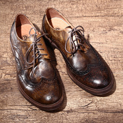 欧美复古男鞋圆头系带大头鞋水洗，做旧简约手工做旧擦色休闲皮鞋