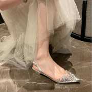 银色平底水钻凉鞋女2024年仙女风水晶一字带尖头透明低跟单鞋