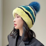 韩国高端獭兔毛帽子皮草帽子女冬季保暖拼色软萌獭兔护耳帽渔夫帽