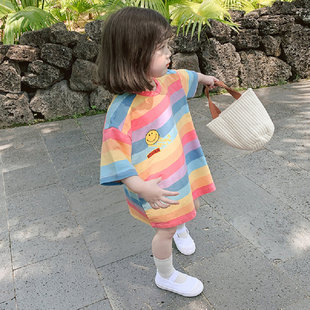 女童韩版t恤长款彩虹上衣宝宝，彩色条纹连衣裙子夏装外贸童装