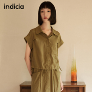 indicia衬衫上衣薄款短袖军，绿色系带文艺女2023夏季标记女装