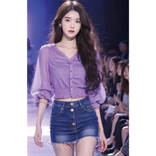 2024春夏韩系穿搭今年流行的漂亮小衫温柔气质紫色中袖衬衫女