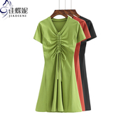 夏季韩版v领纯白修身显瘦抽绳纯色绿色，中长款短袖连衣裙女装