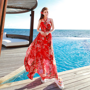 沙滩裙女装海南三亚泰国度假旅行连衣裙大码雪纺，吊带碎花长裙