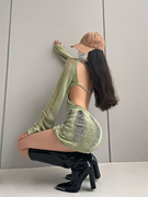 younggirlday辣妹风性感，露背修身显瘦镂空长袖，针织连衣裙包臀短裙